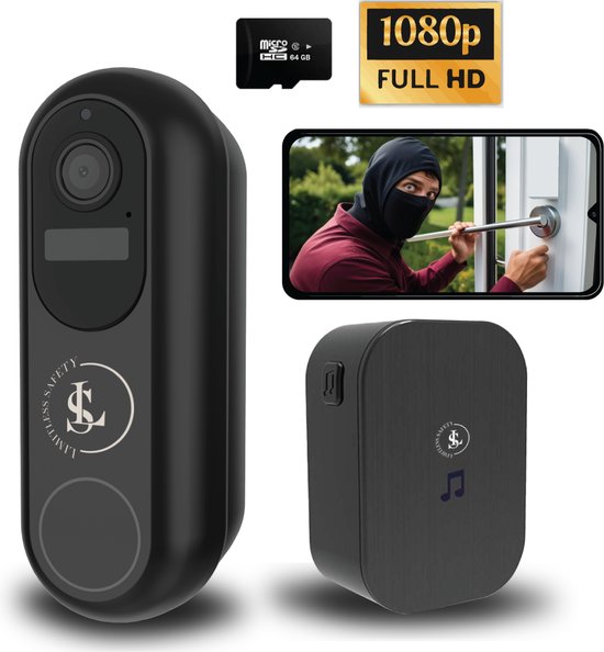 Limitless Safety - Video deurbel met camera - Draadloze deurbel - 1080P video kwaliteit - Slimme Deurbel - Nachtzicht - Inclusief 64 GB SD kaart en draadloze gong – Zonder Abonnement