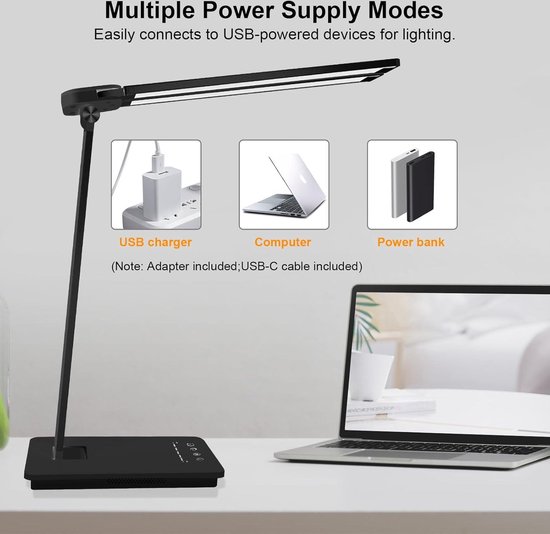 Mrs. Jones Bureaulamp dubbele kop led-bureaulamp 13W met adapter 5 helderheidsniveaus 5 kleurmodi oogbescherming opvouwbare tafellamp voor kantoorverlichting oogbescherming opvouwbare tafellamp voor kantoorverlichting - zwart . — afbeelding 4