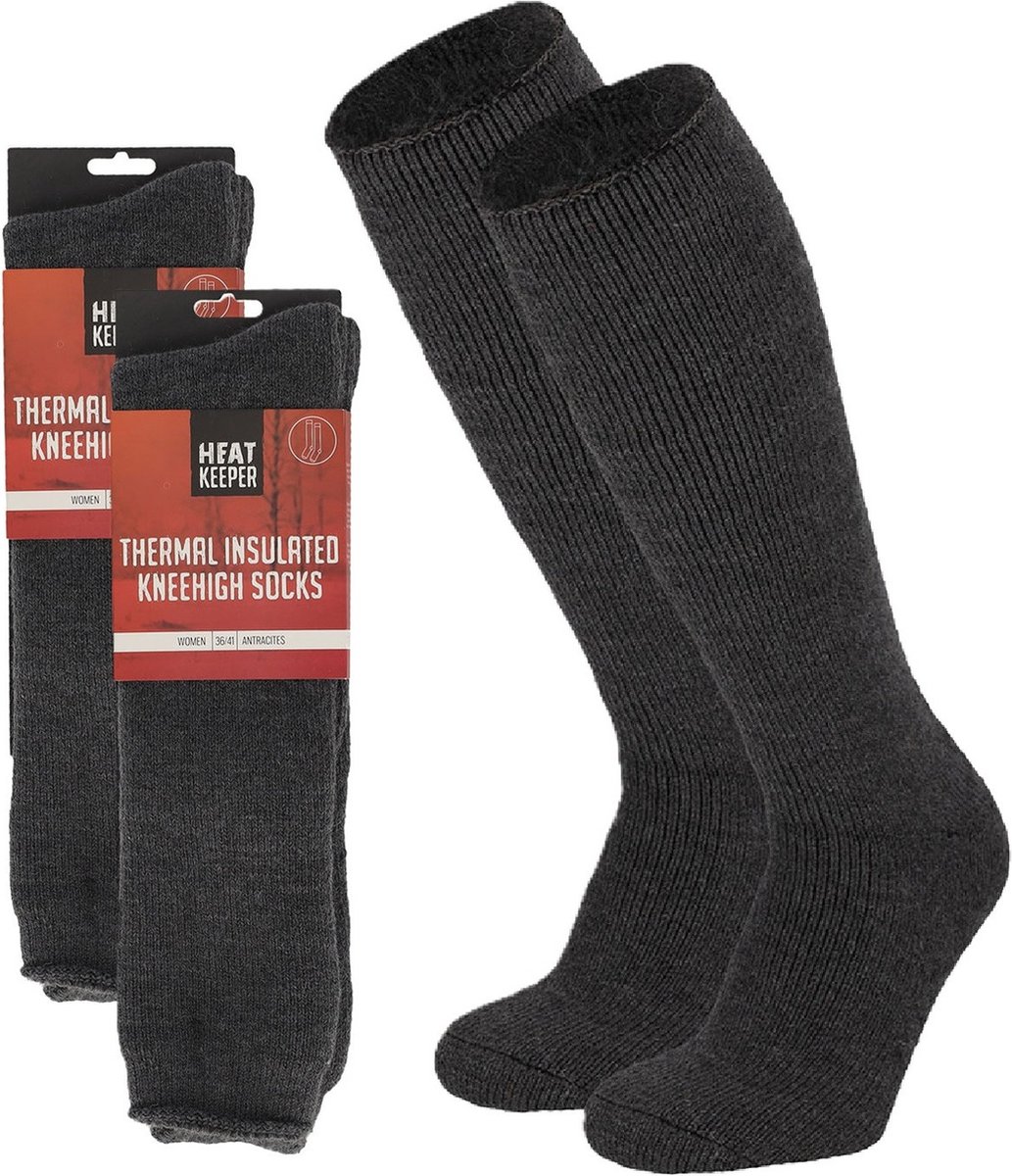 Apollo Thermo hoge sokken voor dames - 2x paar - grijs - maat 36-41 - extra dikke stof/huisokken - Thermokleding - Winter knie kousen