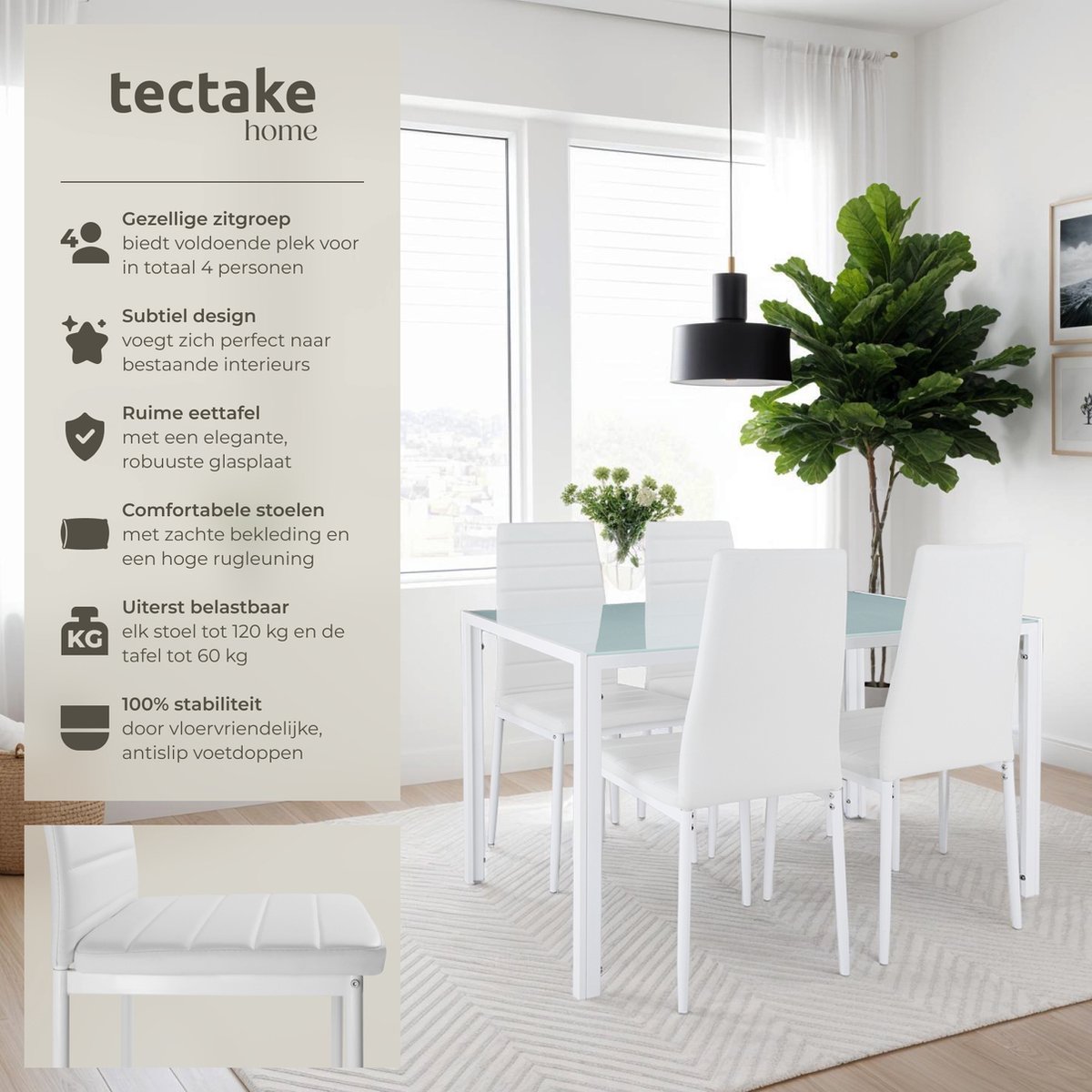 tectake® Eetkamerset met 4 Eetkamerstoelen - Eettafel met glazen blad - 120 x 70 x 75 cm - Eethoek set Tafel en Stoelen - Set van 4 Stoelen met kunstleer - Wit – foto 5