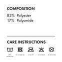 Samenstelling: 83% polyester, 17% polyamide. Wasinstructies: 40 graden gekleurde was, niet in de droger, niet strijken, niet bleken, niet chemisch reinigen.