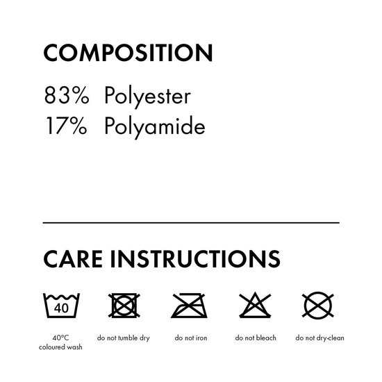 Samenstelling: 83% polyester, 17% polyamide. Wasinstructies: 40 graden gekleurde was, niet in de droger, niet strijken, niet bleken, niet chemisch reinigen.