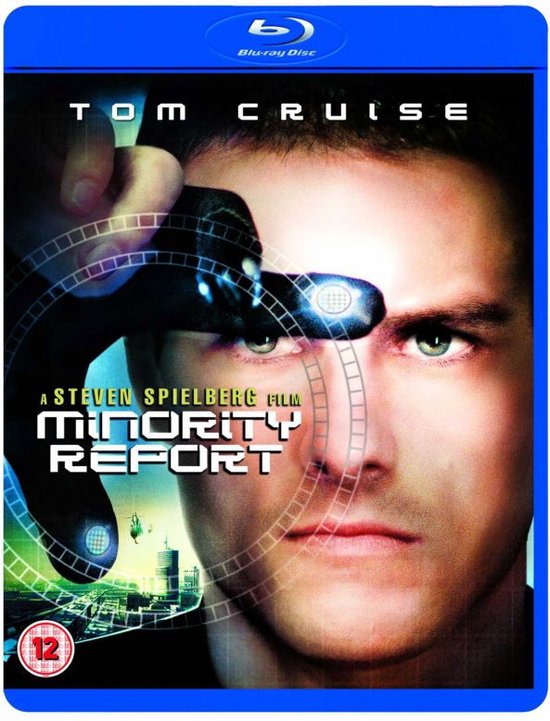 Blu-ray hoes van Minority Report met Tom Cruise, die een futuristisch apparaat vasthoudt.