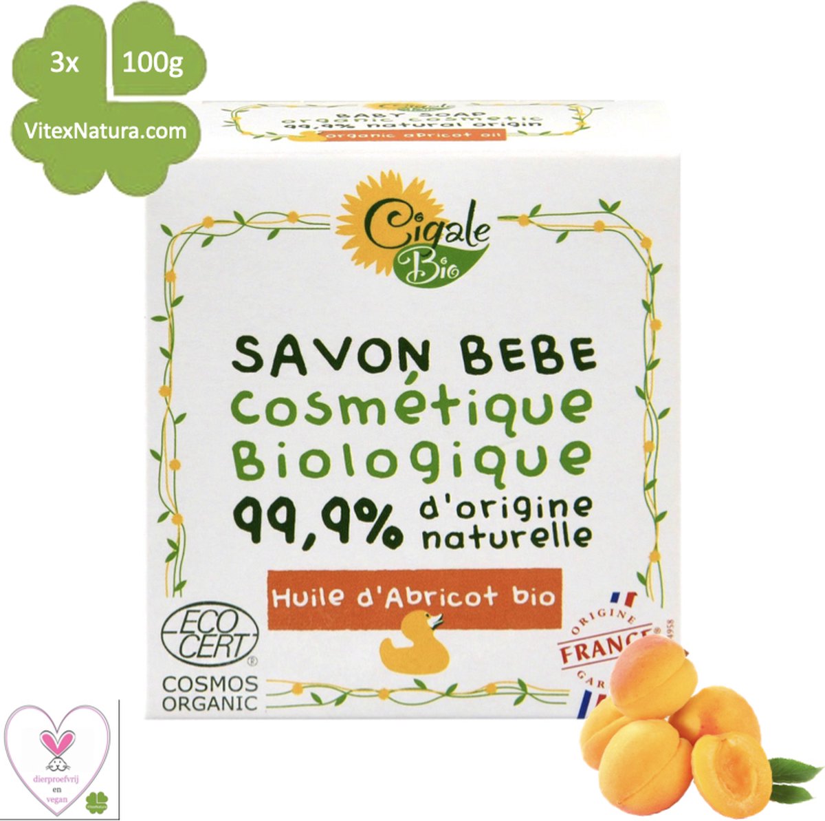 Goedkoopste Baby zeep met abrikozen olie | 3x100g | Biologisch Hypoallergeen | Voor de gevoelige huid | Verlichtend voor eczeem | Cigale bio