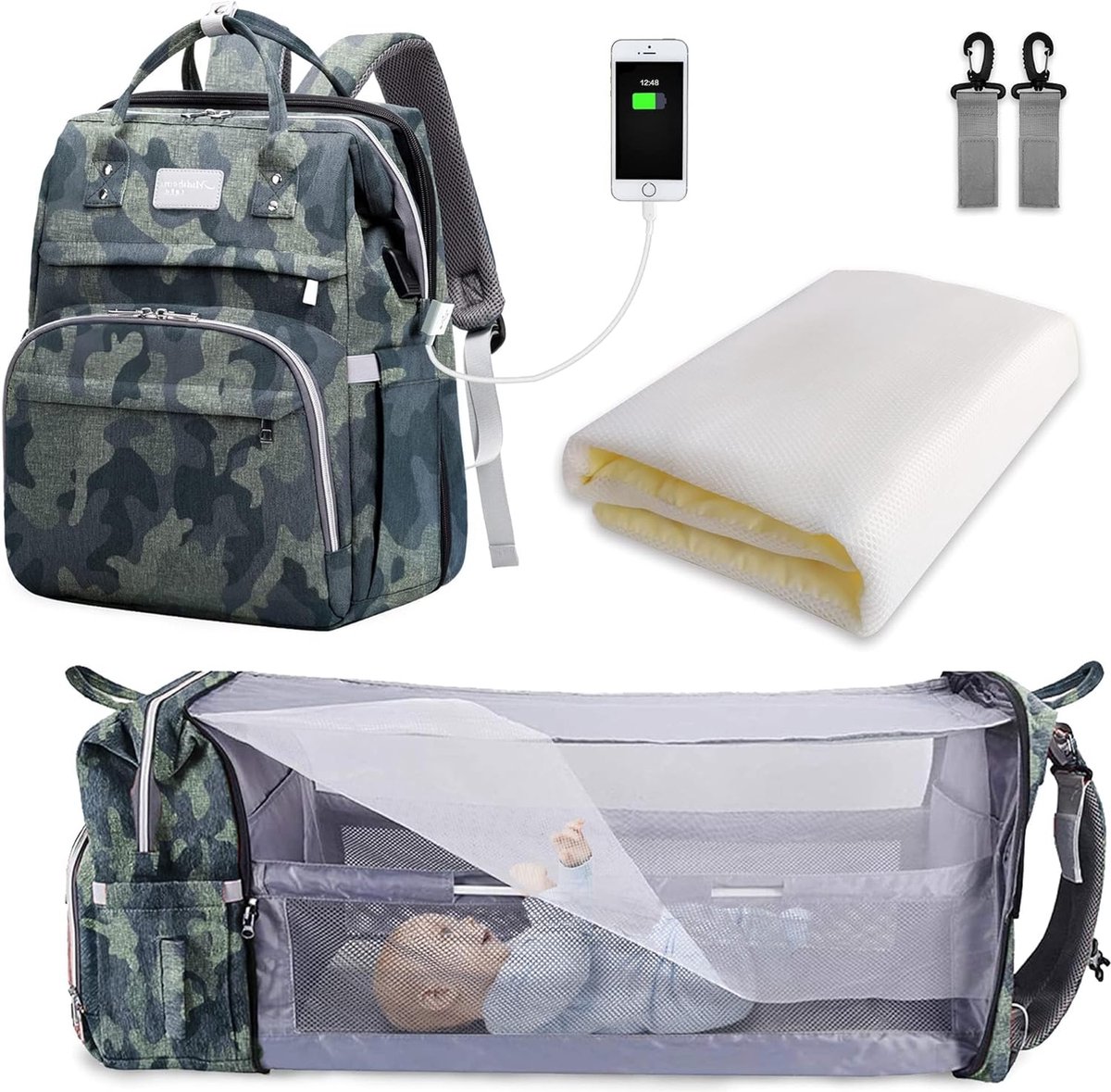 Goedkoopste Luiertas Rugzak met Groot Formaat - Opvouwbaar Babybed - Praktische Reistas voor Ouders - Grijs Verenpatroon - Multifunctionele Luierrugzak met Verzorgingsstation - Ideaal voor Reizen en Dagjes Uit