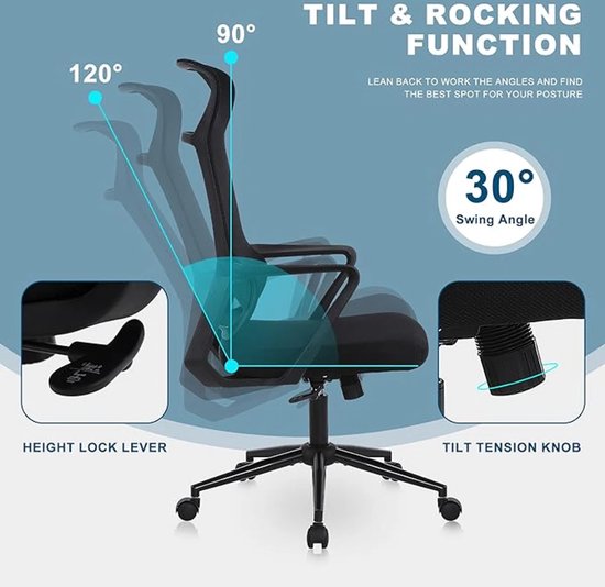 Newtral Ergonomische bureaustoel voor thuis, bureaustoel met hoge rugleuning en adaptieve lendensteun, verstelbare hoofdsteun, zitdiepteverstelling, 96°-126° kanteling Newtral Ergonomische bureaustoel voor thuis, bureaustoel met hoge rugleuning en adaptieve lendensteun, verstelbare hoofdsteun, zitdiepteverstelling, 96°-126° kanteling