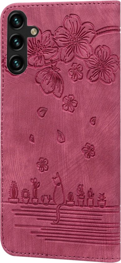 BookCover Cover Case adapté pour Samsung Galaxy A16 - Rouge - Fleurs Chat - En Relief