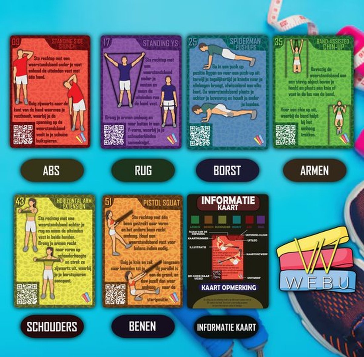 WEBU Bodyweight + Dumbbell + Exercise Ball + Kettlebell + Weerstandsband Kaarten | Incl. Trainingsvideo’s - Fitness - Crossfit - Krachttraining - Kettlebell - Yoga - Thuis Sporten – foto 7