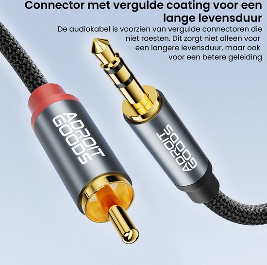 Gouden 3.5mm jack connector met rode tulp connector en gouden tulp connector met witte ring.