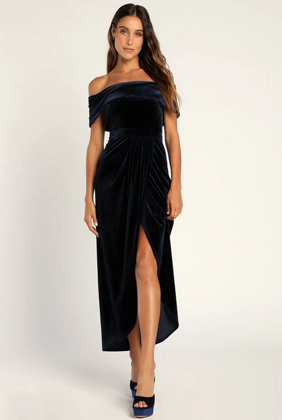 Fluwelen jurk dames lange elegante fluwelen avondjurk cocktailjurk feestjurken winter Marineblauw XL