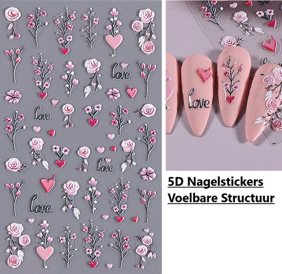 Roze 5D nagelstickers met reliëf, bloemen, hartjes en 'Love'.
