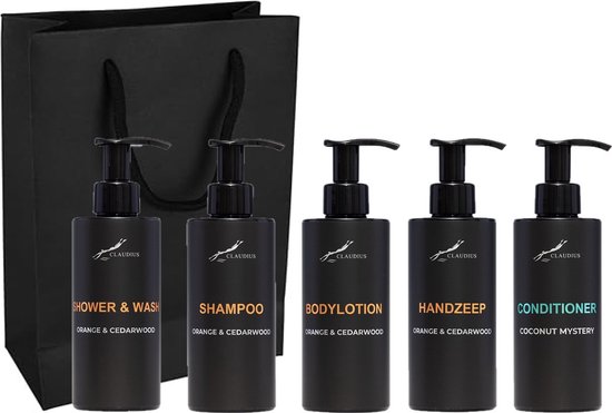 Compleet pakket Sweet Orange & Cedarwood - Shower & Wash + Shampoo + Bodylotion + Handzeep + Coconut conditioner - 300 ml per fles - complete set van 5 stuks - met luxe gift tas - valentijn cadeau - giftset voor hem en haar