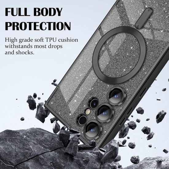 Coque de téléphone à Glitter adaptée à Magsafe avec Protection d'appareil photo pour Samsung Galaxy S23 Ultra - FuturiQ - Zwart
