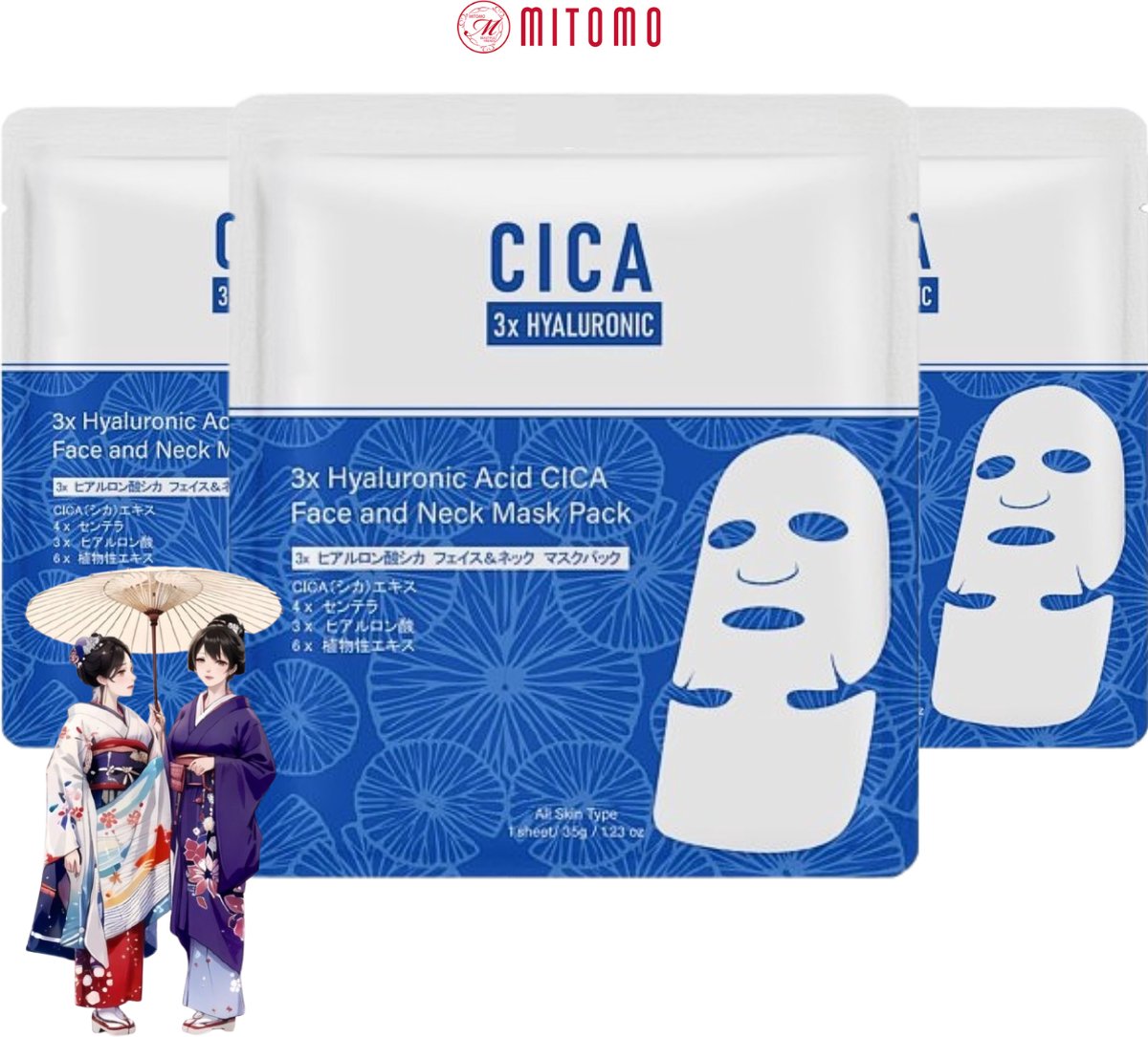Mitomo - Cica Hyaluronzuur Gezichtsmasker - Hyaluronzuur Face Mask - Voor Gezicht en Hals - Anti Aging Sheet Mask - 3 x 35g