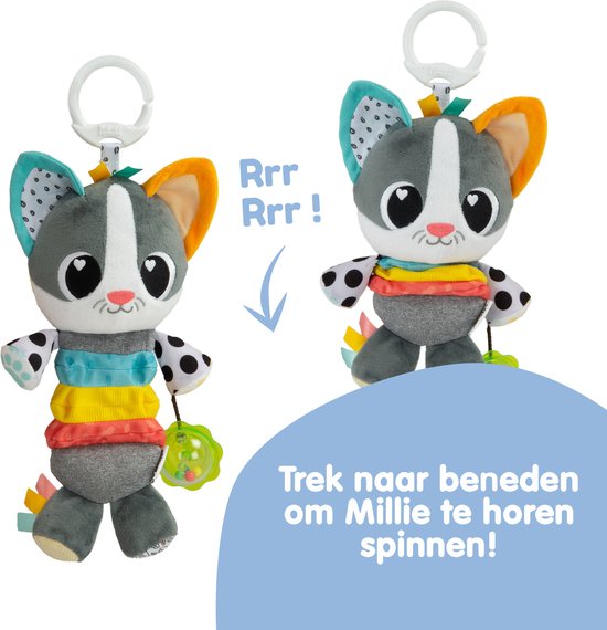 Lamaze Millie Le Chat - Juguete de cochecito con múltiples texturas, sonajero, orejas crujientes, cintas de satén, juguete sensorial para bebés a partir de 0 meses