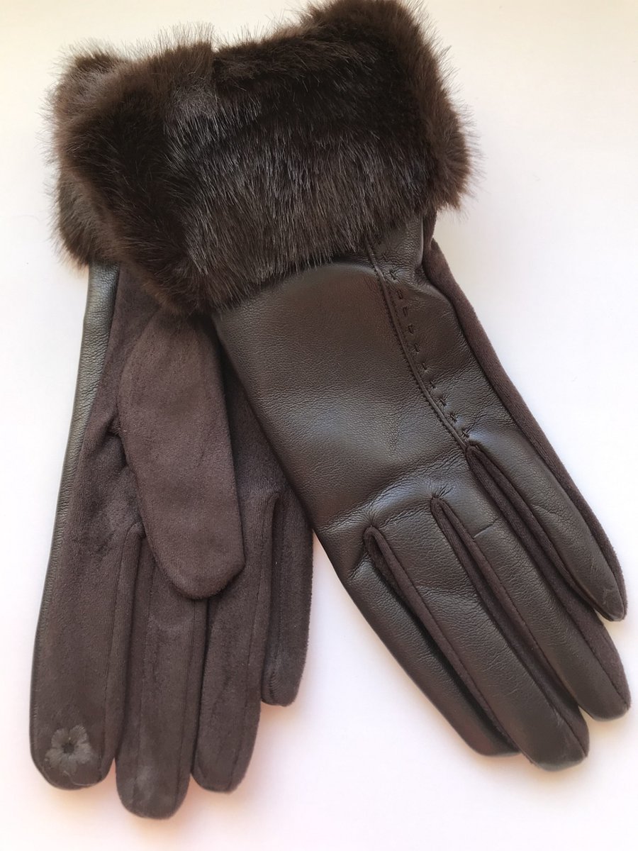 Handschoenen Dames - Herfst - Winter - Chique - PU Leer 50% Polyester 50% - Donkerbruin - One Size - Elegant - Touch Screen - Sinterklaas - Kerstmis - Verjaardag