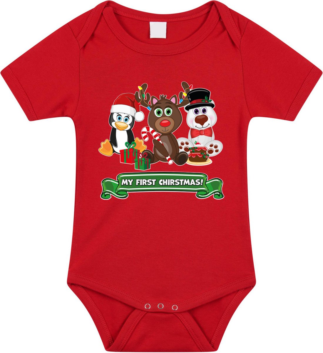 Bellatio Decorations Kerst baby rompertje - rood - diertjes - my first Christmas - Kerst cadeau 68