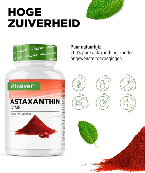 Fles met 150 vit4ever Astaxanthine 12 mg softgel capsules met rode poeder, met tekst HOGE ZUIVERHEID.