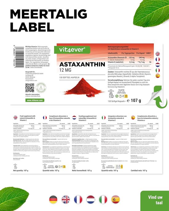 Vit4ever Astaxanthine 12 mg: 150 softgel capsules, waarvan 12 mg astaxanthine met vitamine E. Rood poeder en capsules.