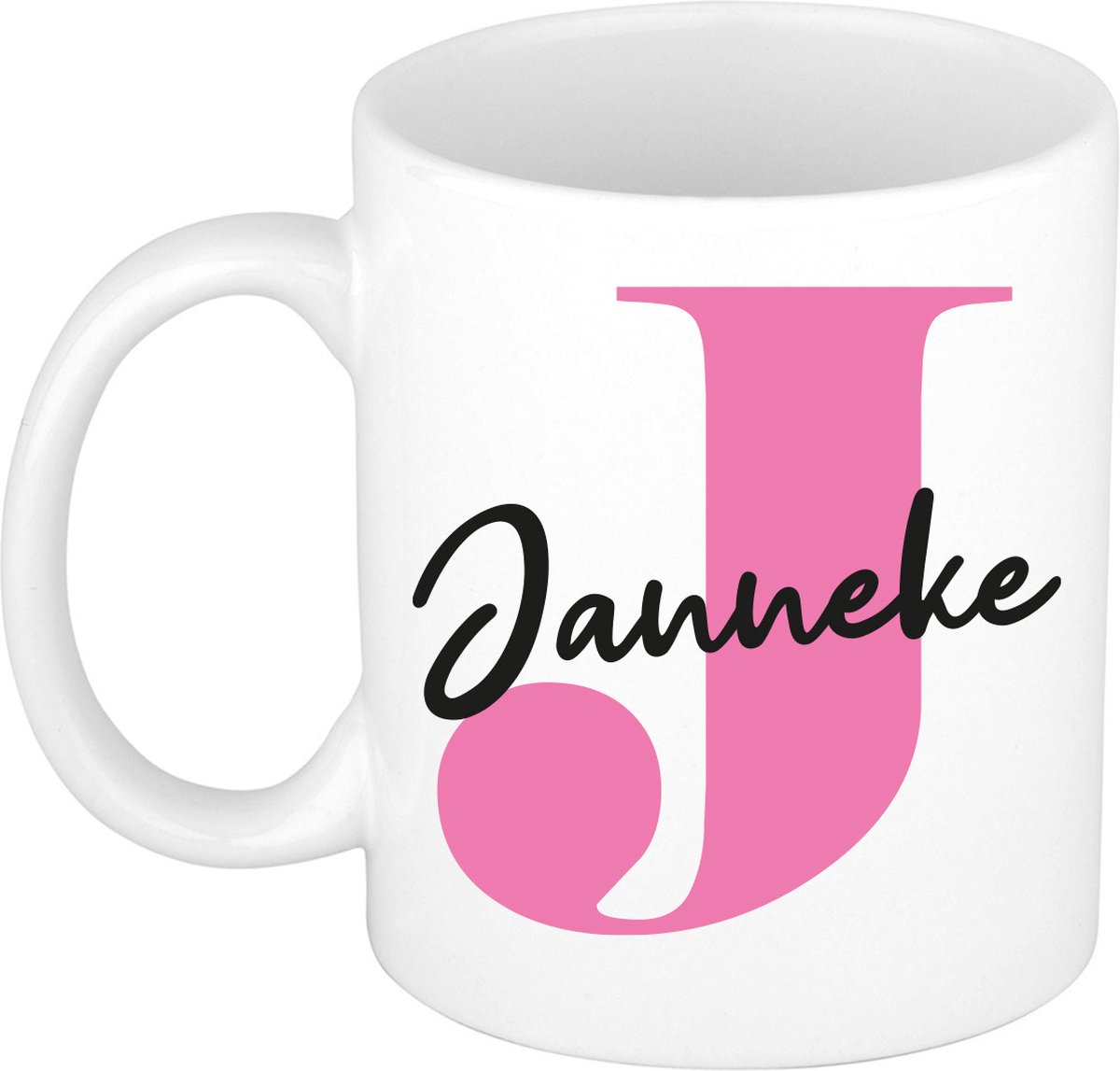 Bellatio Decorations Naam mok Janneke - roze - wit - keramiek - 300 ml - cadeau beker