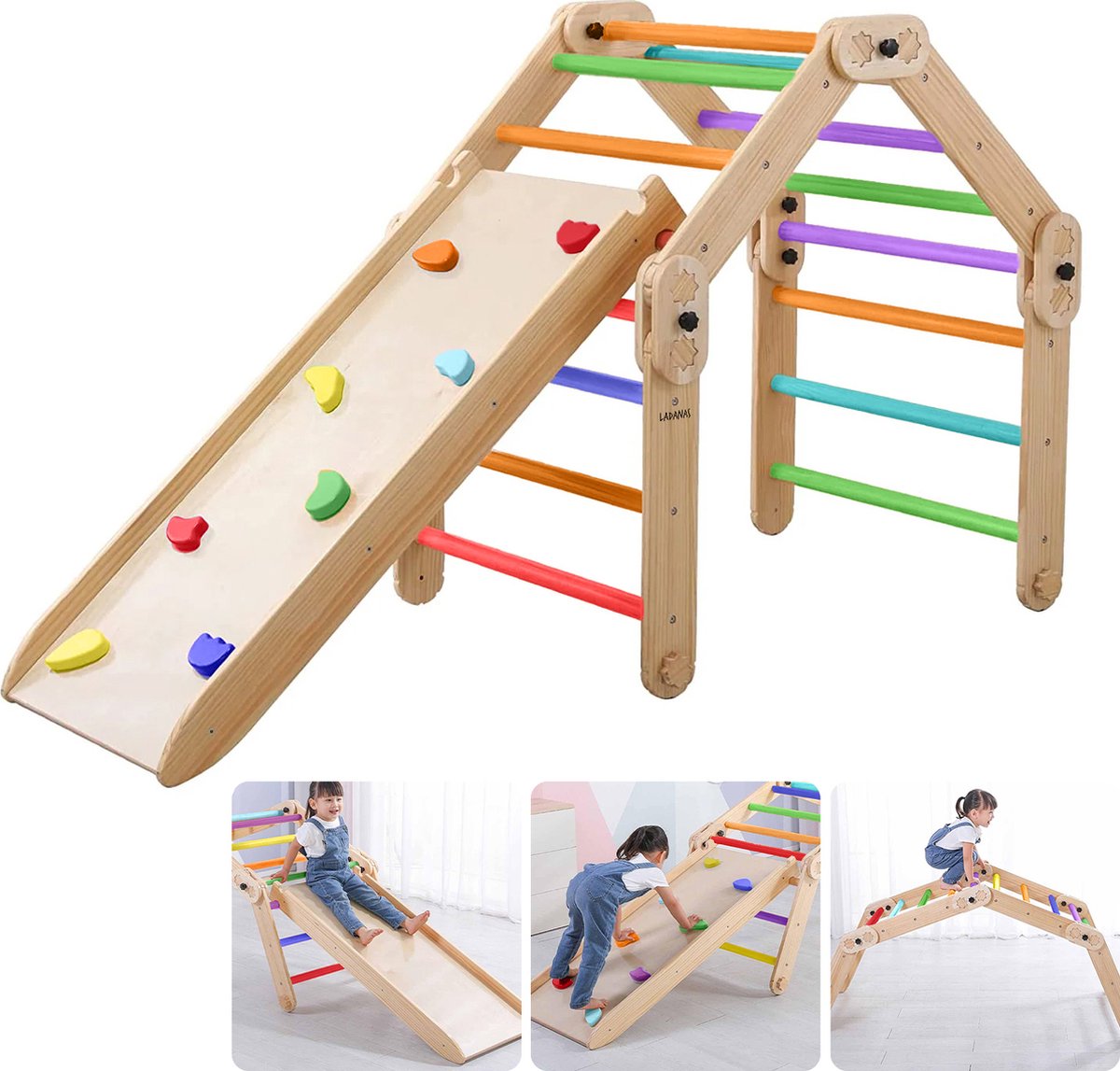 COSTWAY 4-in-1 klimdriehoek met glijbaan, houten klimrek, driehoek met sporten om te glijden en te klimmen, voor kinderen vanaf 1 jaar (natuur