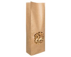 Blokbodemzakjes Met Venster 130 + 70 x 360 mm Bruin Kraft Papier Voedselveilig Volledig Recyclebaar - per 100 stuks - Duurzaam - Blokbodem Stazak - Voedsel Verpakking - Rechthoekige Zak - Traktatie Zakje - Cadeauzakjes