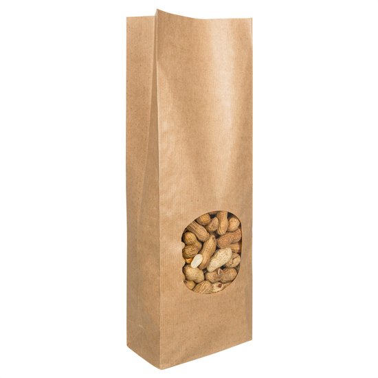 100x Blokbodemzakjes Met Venster 130 + 70 x 360 mm Bruin Kraft Papier Voedselveilig Volledig Recyclebaar - Duurzaam - Blokbodem Stazak - Voedsel Verpakking - Rechthoekige Zak - Traktatie Zakje - Cadeauzakjes