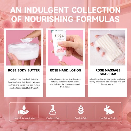 Een luxe textuur van body butter met rozengeur in een potje, hand lotion in een roze tube en een roze massage zeepbar.