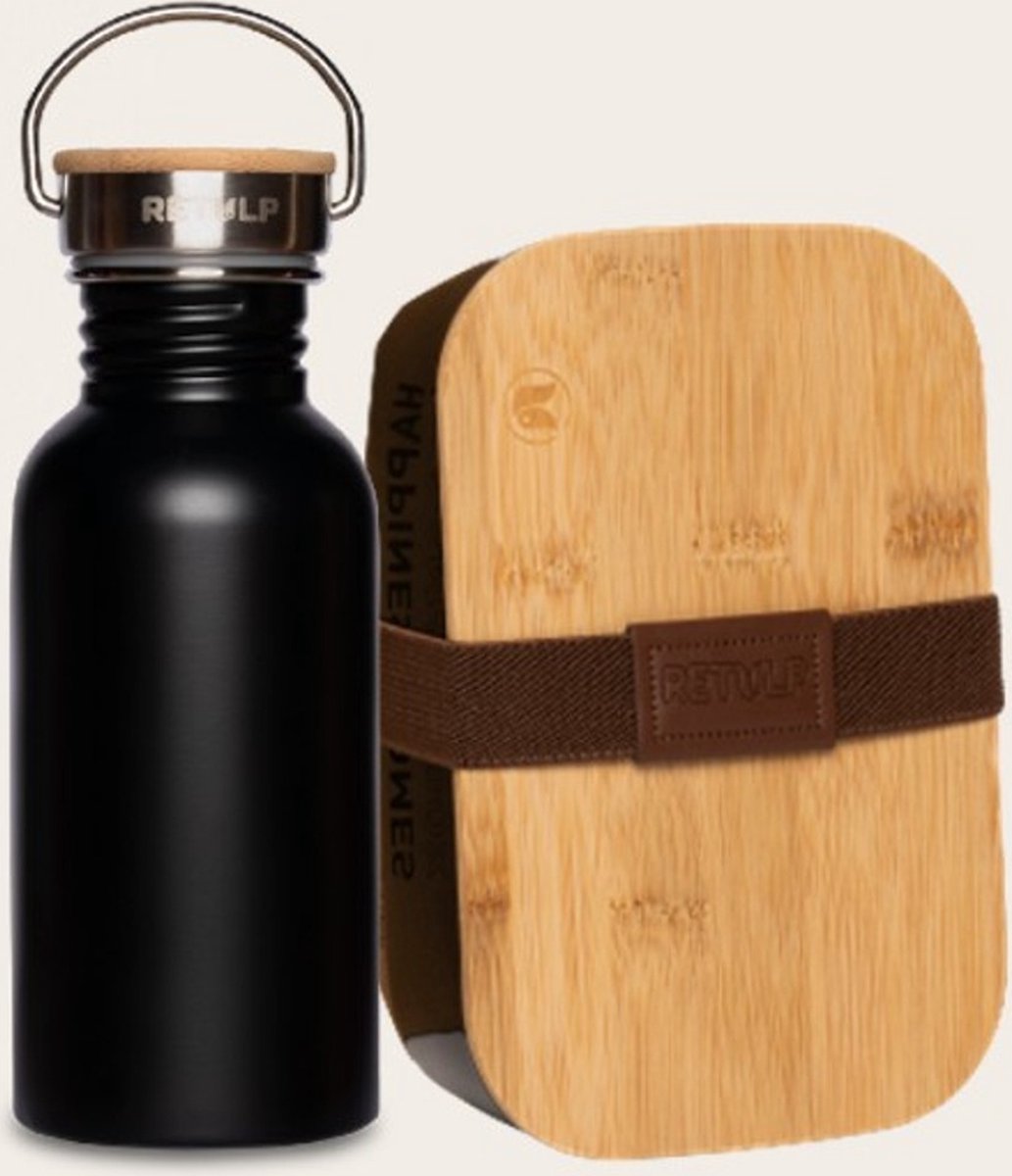 Retulp Cadeau Set - Waterfles - Lunchbox - Waterflessen - Drinkfles - 500 ml - RVS - 2 Stuks - Zwart