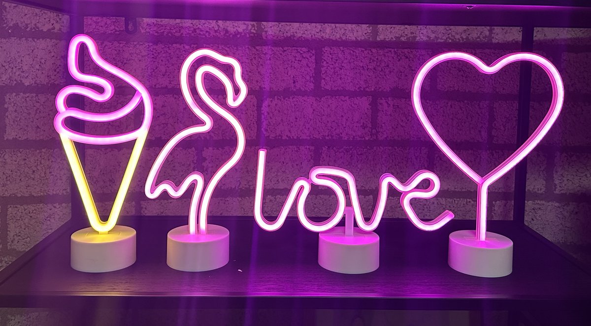 LED lampen met neonlicht - Set van 4 stuks - IJsje/Flamingo/Love/Hart - roze+oranje/roze neon licht - Werken op batterijen en/of USB - Tafellamp - Nachtlamp - Decoratieve verlichting - Woonaccessoires