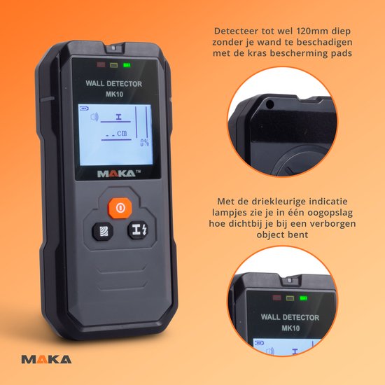 MAKA MK10 leidingzoeker, grijs met oranje accenten en digitaal display, met detailfoto's.