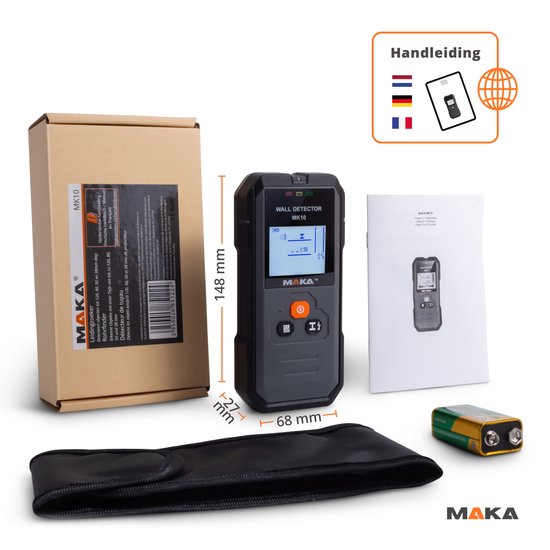 MAKA MK10 leidingzoeker, verpakking, hoes en batterij, afmetingen 148x68x27mm.