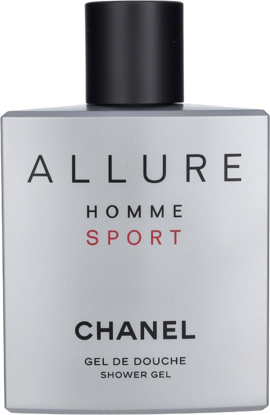 Zilverkleurige Chanel Allure Homme Sport douchegel fles met zwarte dop en witte tekst.
