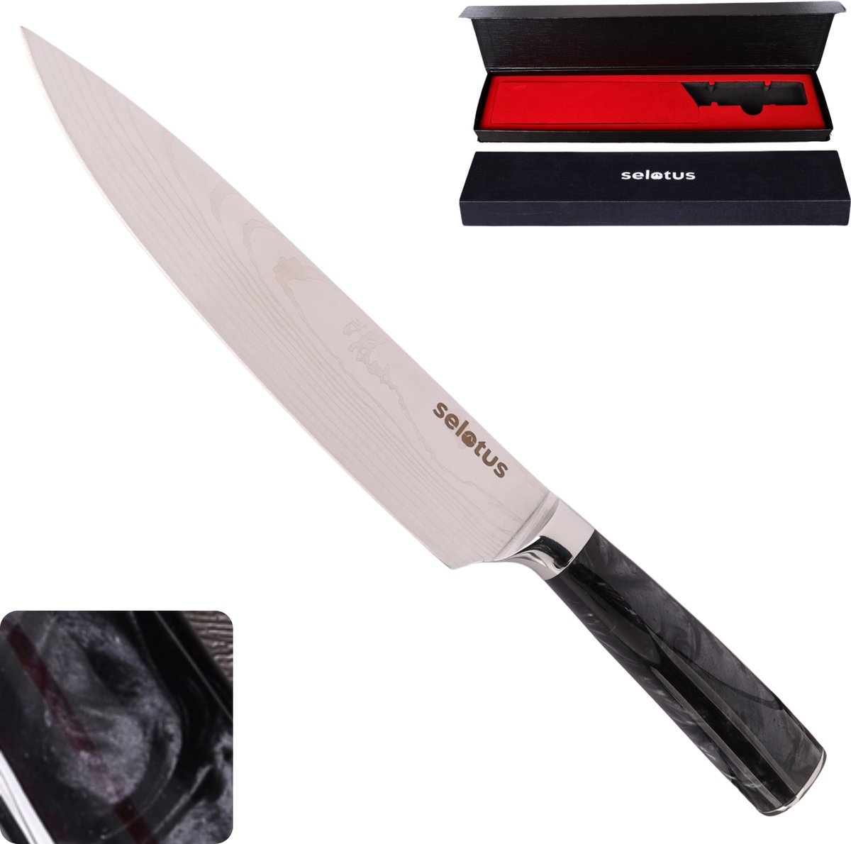 Selotus® Japans Koksmes 34 cm – Professioneel koksmes – Vlijmscherp Mes voor Vlees, Vis en Groenten – Past in Messenset of Messenblok – Zwart