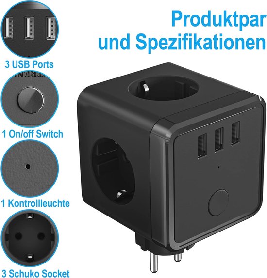 Stekkerkubus met USB - 3-voudig stopcontact met schakelaar en verlengkabel (2400W) voor thuis en reizen van Allocacoc — afbeelding 4