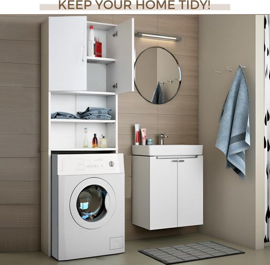 COSTWAY HW66491WH Wasmachinekast met verstelbaar rek en open vakken toiletkast met glazen deur