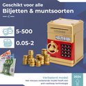 Gouden spaarkluis met rood keypad en stapels munten. Euromunten en biljetten liggen voor de kluis.