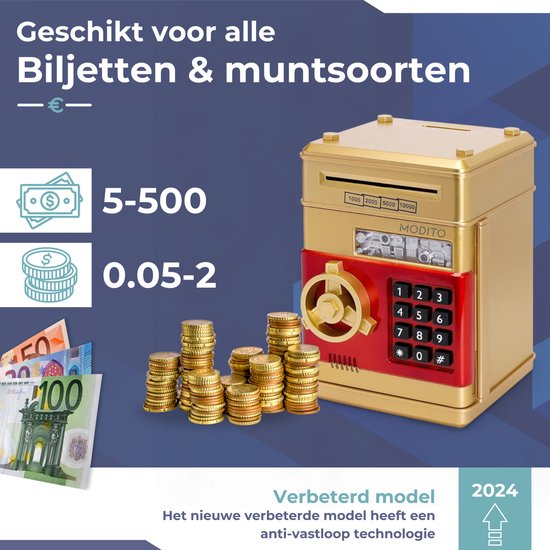Gouden spaarkluis met rood keypad en stapels munten. Euromunten en biljetten liggen voor de kluis.