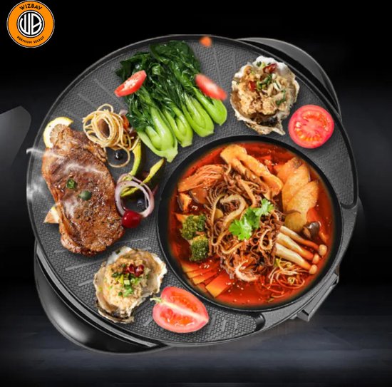 WizBay Premium Select® 2 in 1 Dual Aziatische Shabu HotPot - Hot pot - Funcooking - 1 Bouillon Gedeelten - Grill - Gourmetten - Fondue - 3 tot 5 personen - 1200W - Anti Aanbak Laag - Rond 38cm — afbeelding 2