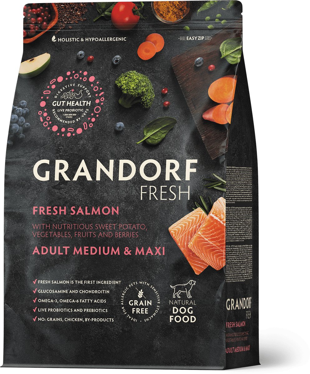 Grandorf Fresh - All Breeds - Zalm - Hondenvoer - Gezonde Huid en Vacht - Hypoallergeen - Graan- Glutenvrij - Levende Probiotica - 3 kg