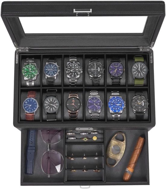 BEWISHOME 12 Horlogedoos met Valet Lade, Luxe Horloge Case Sieraden Organizer, Lederen Horloge Organizer voor Mannen Vrouwen, Echt Glas Top, Metalen Scharnier, Zwart SSH02L