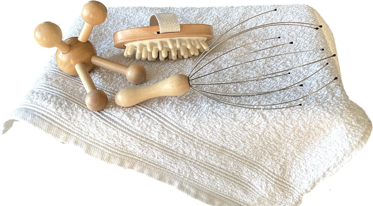 Goedkoopste Massageset 3-delig - Inclusief verzenden - Geschenkset - Massage set - Hoofdmassage set - Bodymassage - Spin - Borstel - Hout - Houten
