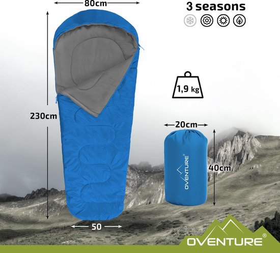 Oventure SleepPlus slaapzak - 230 x 80 cm - Mummy slaapzak - 3-seizoenen - Comfortabel tot 6 °C - Voor kamperen, backpacken en festivals - Lichtgewicht en compact - Slaapzak met capuchon - Inclusief draagtas - Blauw van Oventure — afbeelding 4