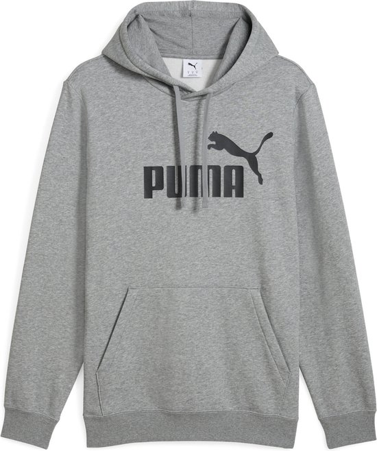 Grijze Puma hoodie met een zwart Puma-logo op de borst, zonder model.