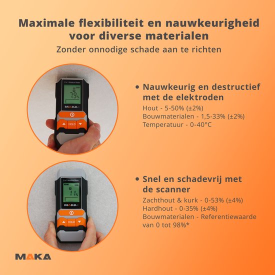 Boven: hand houdt zwarte, grijze en oranje vochtmeter vast. Display toont 7.9%. Onder: hand houdt zelfde vochtmeter vast. Display toont 11%.