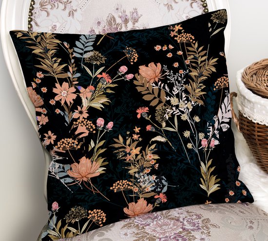 Housse de Coussin Velours - Fleurs sur Zwart - 45x45 - Taie d' Kussensloop - Imprimée 2 faces