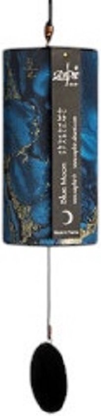 Blauwe "Blue Moon" windgong met gouden marmertextuur en zwarte schijf. "Made in France" en "zaphir.fr" zichtbaar.
