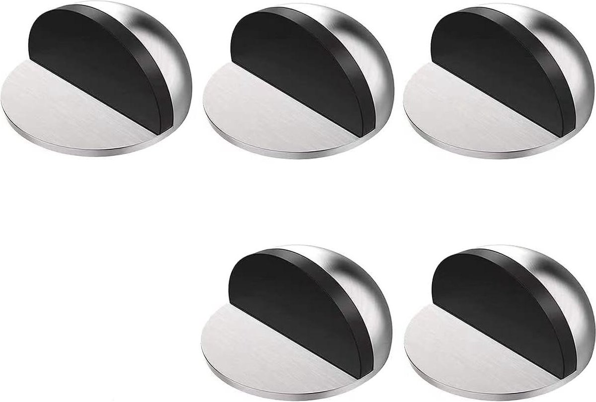Stainless Steel Floor Door Stopper Self Adhesive Anti-Collision Door Holder - No Drilling - Set with Rubber Buffer