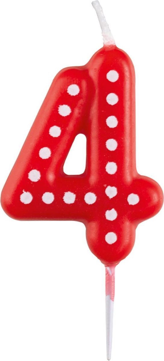 Kaarsje Cijfer 4 Dots & Stripes - Rood 6,5 cm