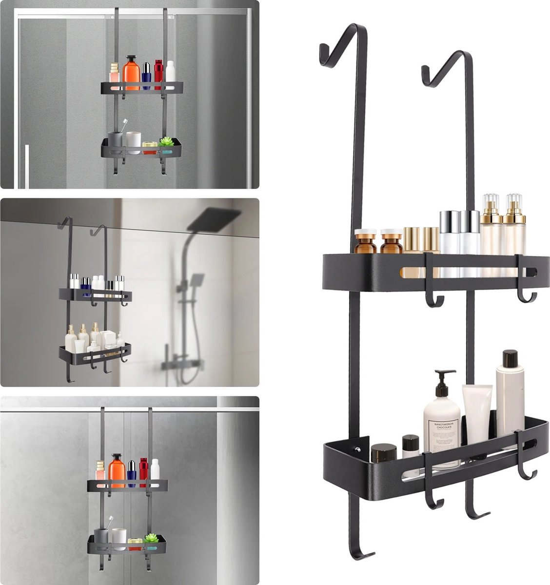 Mygroot - Doucherek - Hangende Doucheplank - Zwart Zonder ovreen - 2-Traps Douche Badkamerplank - Aluminium -